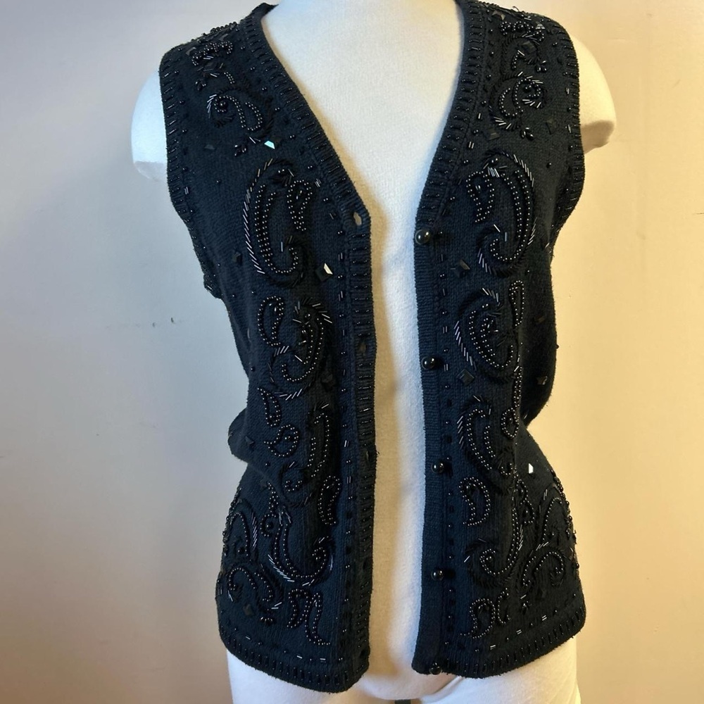 Vintage Yarnworks Black Beaded Sleeveless Grandma Vest size S